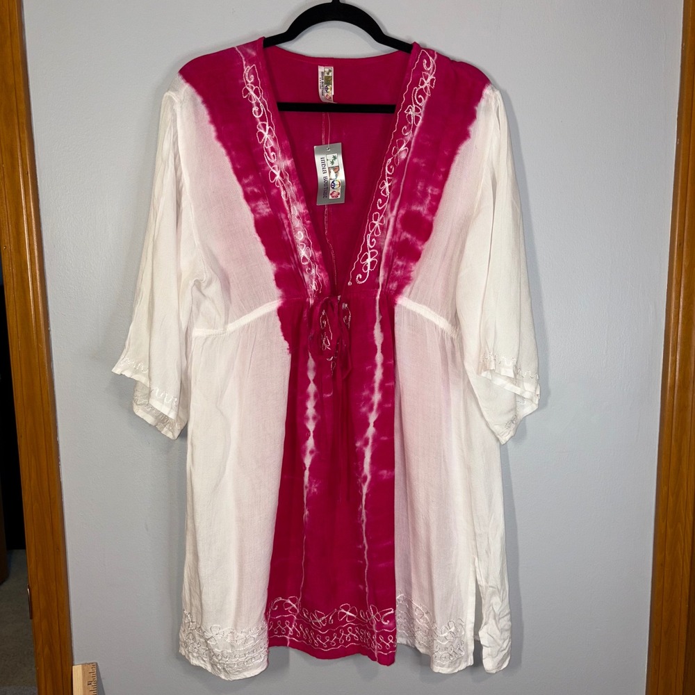 India Boutique Cover-Up‎ Tie Dye Pink White Embroidered Beach Resort Tunic